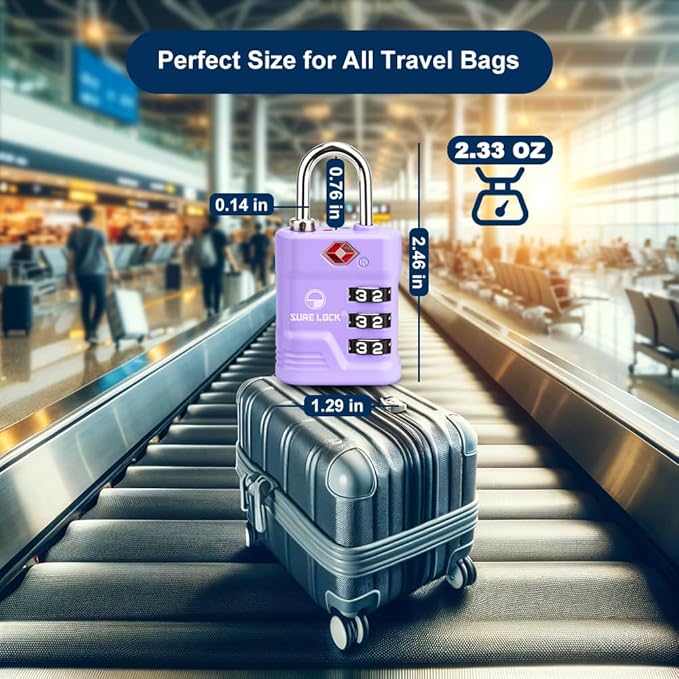 SURE LOCK TSA Locks for Luggage, TSA Approved Luggage Locks with Open Alert, 008 Key for High Security, Easy Read Dials, Zinc Alloy Body, Locker Lock for Suitcase, Gym, Travel. (Purple 2 pk)