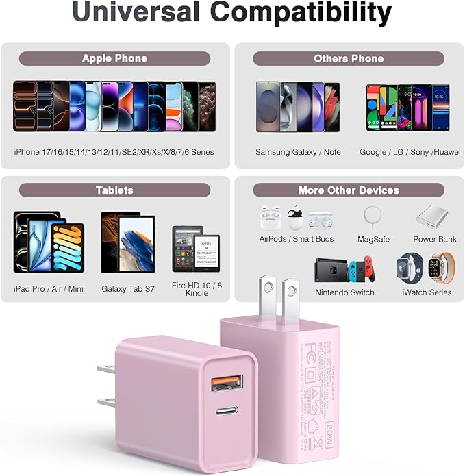 20W USB-C Wall Charger, [2 Pack] Fast Charge Power Brick Cube for iPad, iPhone, iPod, Samsung Galaxy, Moto, Huawei, HTC, LG, Nokia, PlayStation5, PD+QC3.0 Dual Port Charging Box Cube Block, Pink