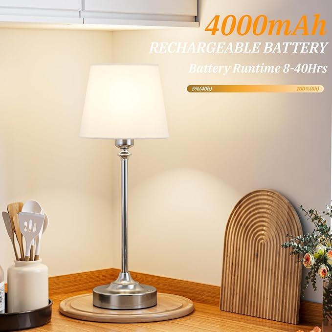 Kakanuo Cordless Table Lamps Rechargeable Set - 2 Pack Silver 4000mAH Battery Operated Lamps for Decor, 3000K Stepless Dimming Touch Wireless Lamp for Bedroom, Dining Table, Living Room, White Shade