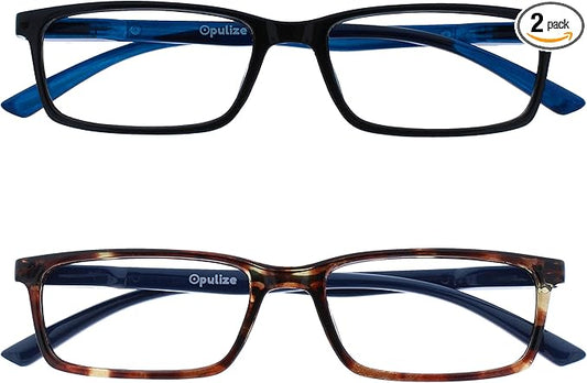 OPULIZE SEE Reading Glasses with Blue Light Blocking for Women and Men, Narrow Frame, Spring Hinges, Computer Gaming Glasses, Black,Brown +0 (Pack of 2)