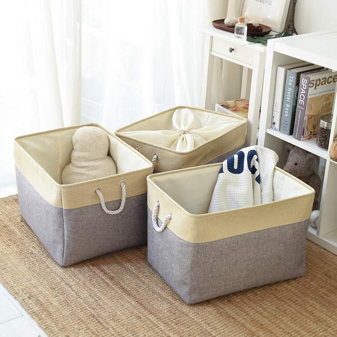 TheWarmHome Storage Baskets for Organizing, Extra Large-3Pack, 17.7L×13.8W×9.8H inch Large Sturdy Storage Bins, Decorative Storage Baskets for Shelves Closet Nursery (Gold&Grey)