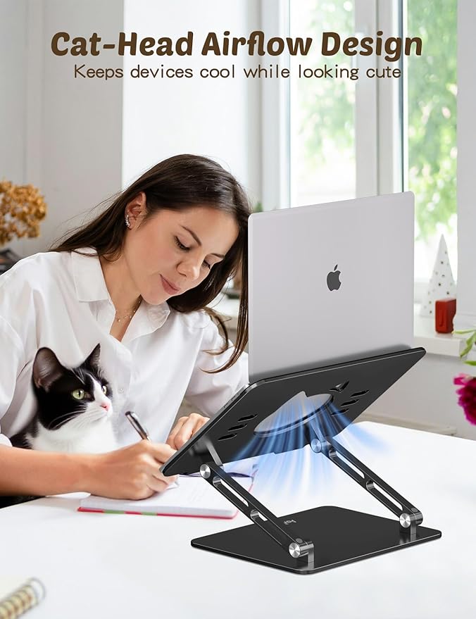 Laptop Stand for Desk – Portable Adjustable Laptop Riser & Holder, Foldable Computer Stand Compatible with MacBook Air Pro, Dell, HP, Lenovo (10"-17.3"), Featuring Cat Panel Design, Black
