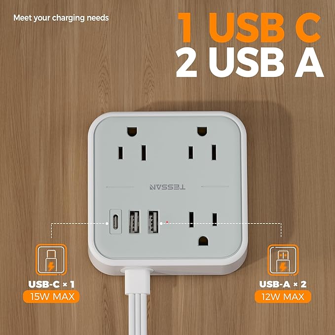 Short Extension Cord with Multiple Outlets 3 FT, TESSAN Small Flat Plug Power Strip with 3 USB (1 USB C) and Multi Outlets, Surge Protector Charging Station for Office, School, Dorm Room Essentials