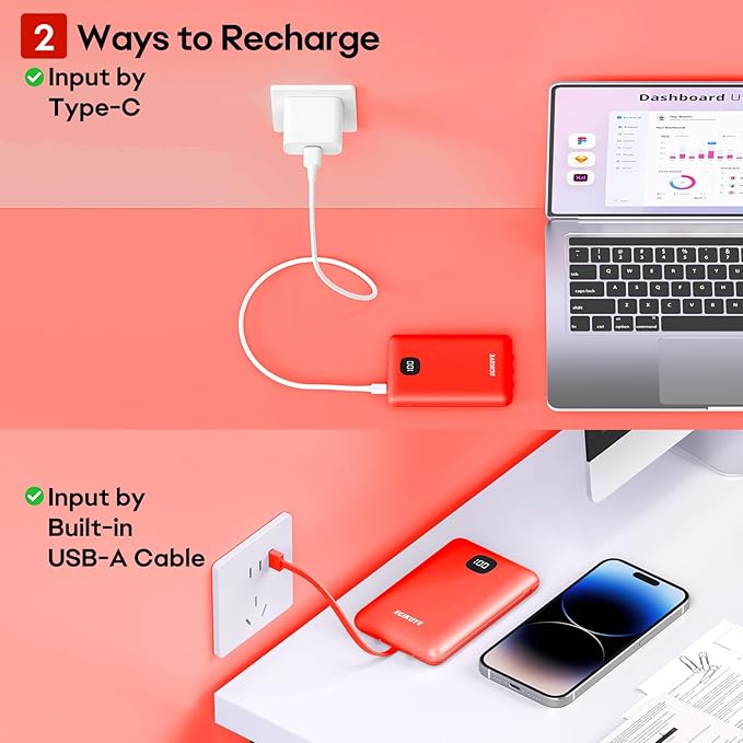 Portable Charger 10000mAh Power Bank with Digital Display, External Battery Pack with Built-in Cables, Ultra-Compact USB-C in&Out Travel Essential for iPhone, Android, Samsung etc (Red)