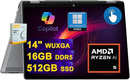 HP OmniBook X Flip 2-in-1 Copilot+ AI PC Laptop | 14" WUXGA Touch 400nits | AMD 6-core Ryzen AI 5 340 Up to 50 TOPS | 16GB DDR5 512GB SSD | Backlit Wi-Fi6E 5MP IR Camera Poly Win11Pro w/DLCA Accessory