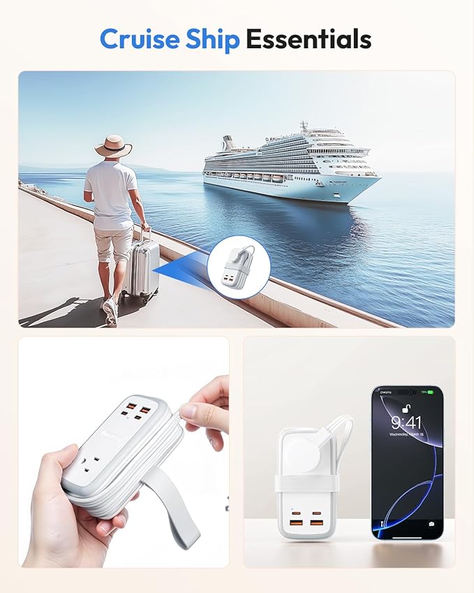 NTONPOWER GAN Ultra 65W USB Charging Station, 7 in 1 Travel Power Strip with 3 Outlets 4 USB (2 USB C), Extension Cord 4ft, Travel Essentials, Cruise Power Strip Compatible with MacBook, iPhone, White
