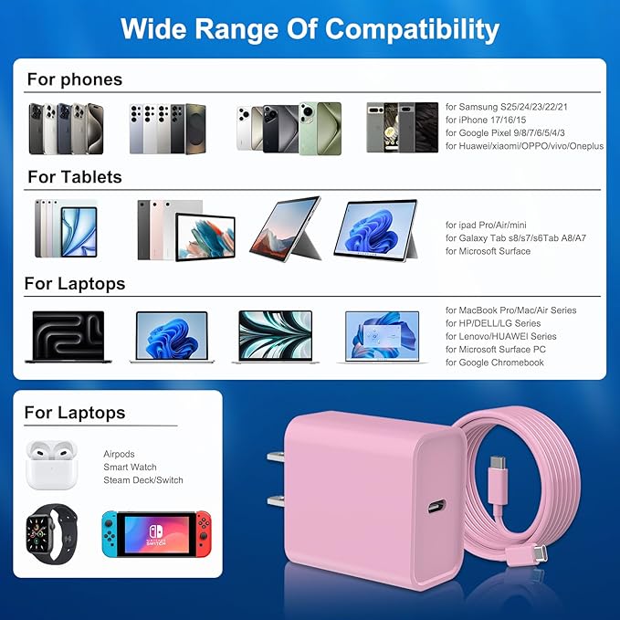 iPhone 17 16 15 Charger Fast Charging, 3 Pack PD 20W USB C Charger with 10FT Cord, USB C Cable Type C Chargers Block for iPhone 17/17 Pro/17 Pro Max/16/16 Plus/16 Pro/16 Pro Max/15/15 Pro（Pink）
