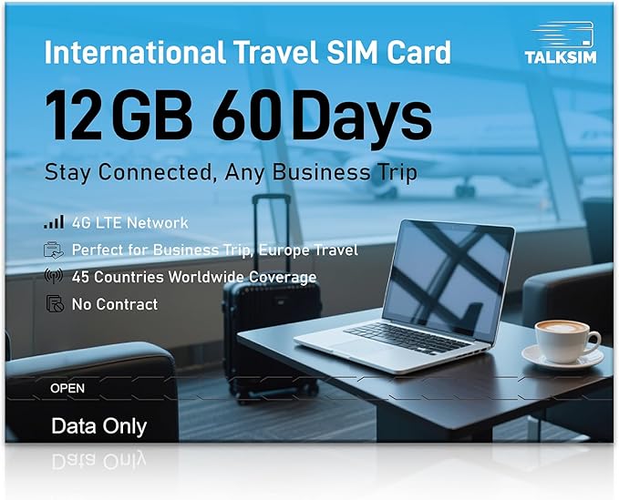 International Data Only SIM Card 12GB 60 Days, 4G LTE Travel SIM Card Supported 45 Countries USA, UK, Europe, Asia. Africa, Ideal for Business Trip and Europe Travel, No Contract