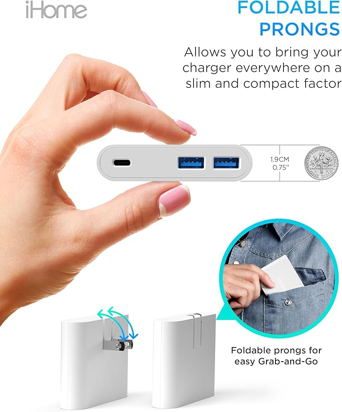 iHome 32W AC Pro Multi Port USB Wall Charger Block - Charging Station for Multiple Devices with 3 Ports (1 USB-C, 2 USB-A) - Fast Charging, Universal Compatibility