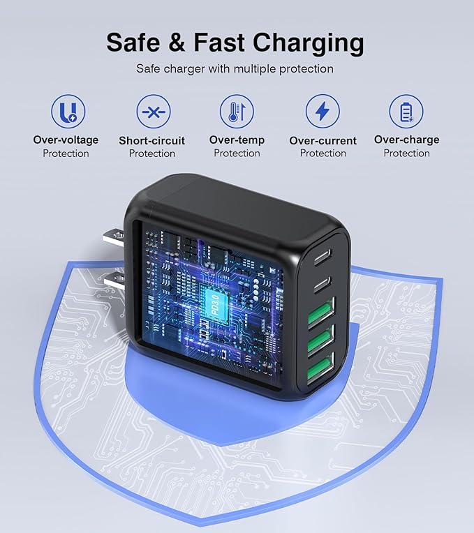 [2-Pack]50W USB C Wall Charger Block, 5-Port C Charger Fast Charging Block PD Power Adapter +QC 3.0 Multiport Type C Box Brick Cube USB A Wall Plug for iPhone 14/15/16/17 Pro Max,Samsung Galaxy(Black)