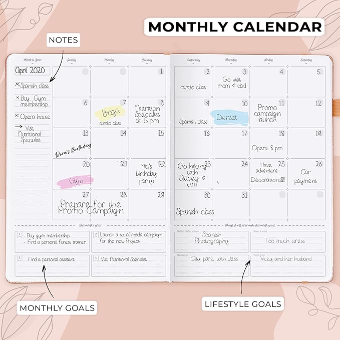 GoGirl Planner PRO Schedule - Undated Planner with Hourly Time Slots, Monthly, Weekly & Daily Organizer, Appointment Book for time Management, 7"x10" Hardcover, Lasts 1 Year - Peach Pink