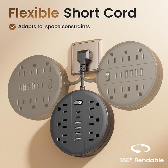 Surge Protector Power Strip, Extension Cord with 6 AC Outlets, 6 USB Ports (2 USB C) & Control Switch, Short Cord Outlet Extender, Wall Mountable Multiple Outlets for Office Home Travel RV, Black