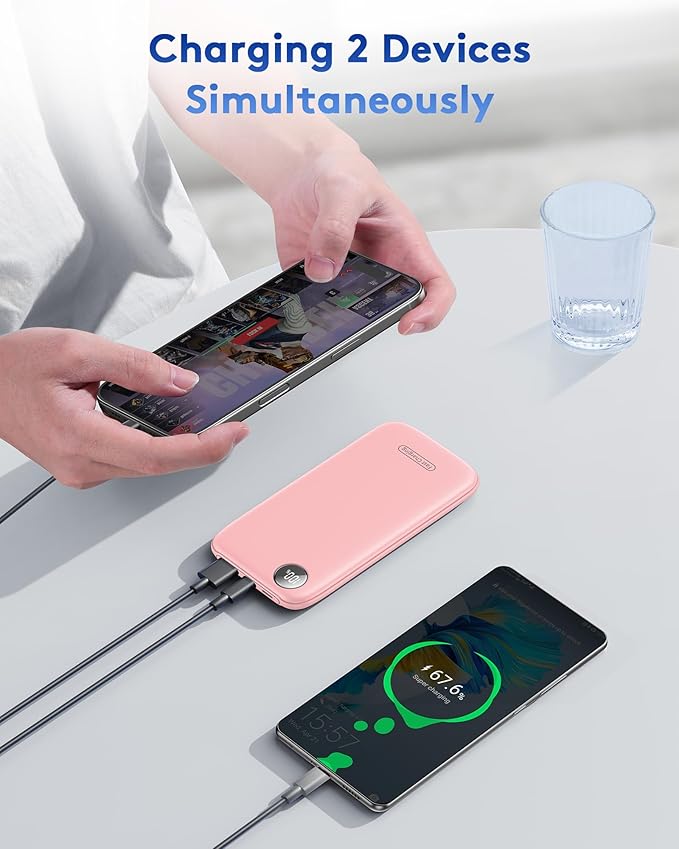 Powerbank Fast Charging Max 12V/4.5A, Ultra Slim Portable Charger USB C 10000mah, Travel Power Bank for iPhone 11 12 13 14 15 16 Samsung Android, DC Lightweight Battery Pack Phone Charger, Pink