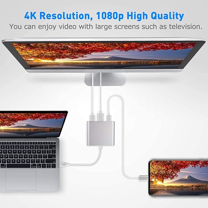 3 in 1 USB C to HDMI Adapter, Type C to 4K HDMI Adapter with 100W PD & USB 3.0 Port, Multiport Hub Compatible with MacBook Pro, iPad Air, iPhone 15/16, Laptop, TV, Switch, Monitor and More