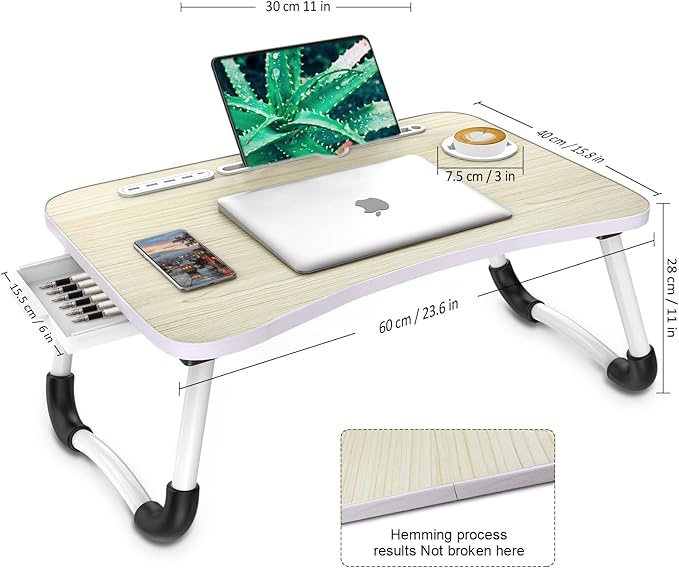 Zapuno Laptop Lap Desk, Foldable Laptop Table Tray with 4 USB Ports Storage Drawer and Cup Holder, Lap Bed Desk Notebook Stand Laptray Portable Standing Table for Bed Couch Floor