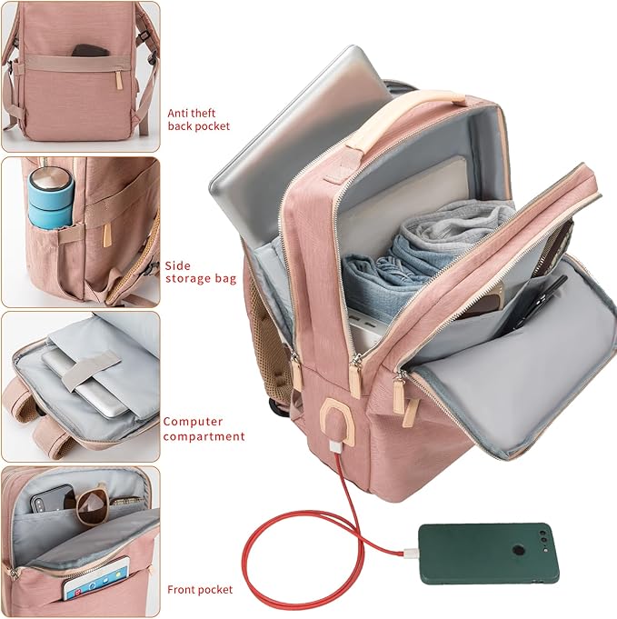 NOBLEMAN Laptop Backpack Women, Travel Work Business Carry on Computer Backpacks with Multi Compartment, Water Resistent 15.6 Inch Laptop Backpack with USB Port for Nurse (Pink Plus