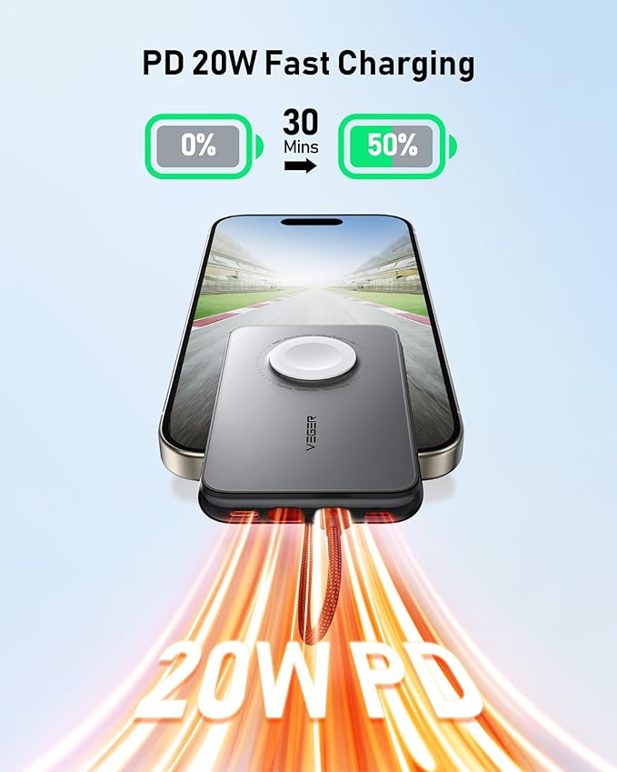 VEGER Portable Charger with Built in Removable Cable for iPhone, 20W Fast Charging Slim Power Bank, 10000mAh USB C Battery Pack Travel Essential Compatible with iPhone, Android, Apple Watch-White