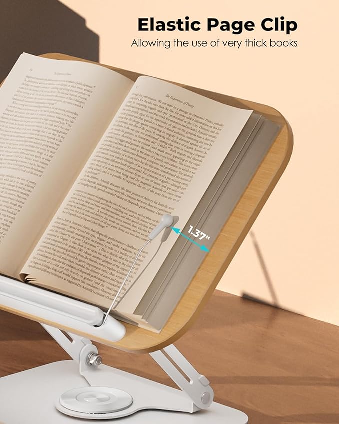 Viozon Book Stand for Reading,Book Holder, Height&Angle Adjustable, 360° Rotating Base, Foldable and Portable, Lightweight for Office, Kitchen, School Textbook, Recipe, Magazine,Kindle,Tablet LW