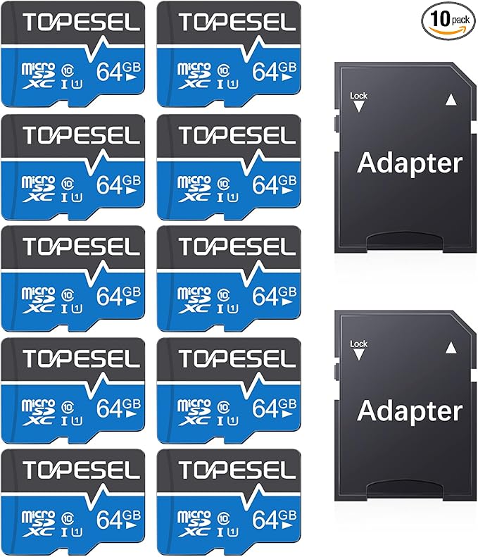 TOPESEL 10-Pack 64GB Micro SD Card Class 10 Micro-SDXC Memory Card UHS-I, High Speed Flash TF Card for Security Camera/Smartphone/Drone/Dash Cam/Tablet/PC, C10, U1, 64GB 10Pack