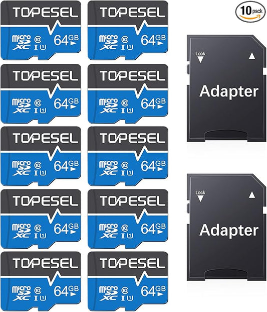 TOPESEL 10-Pack 64GB Micro SD Card Class 10 Micro-SDXC Memory Card UHS-I, High Speed Flash TF Card for Security Camera/Smartphone/Drone/Dash Cam/Tablet/PC, C10, U1, 64GB 10Pack