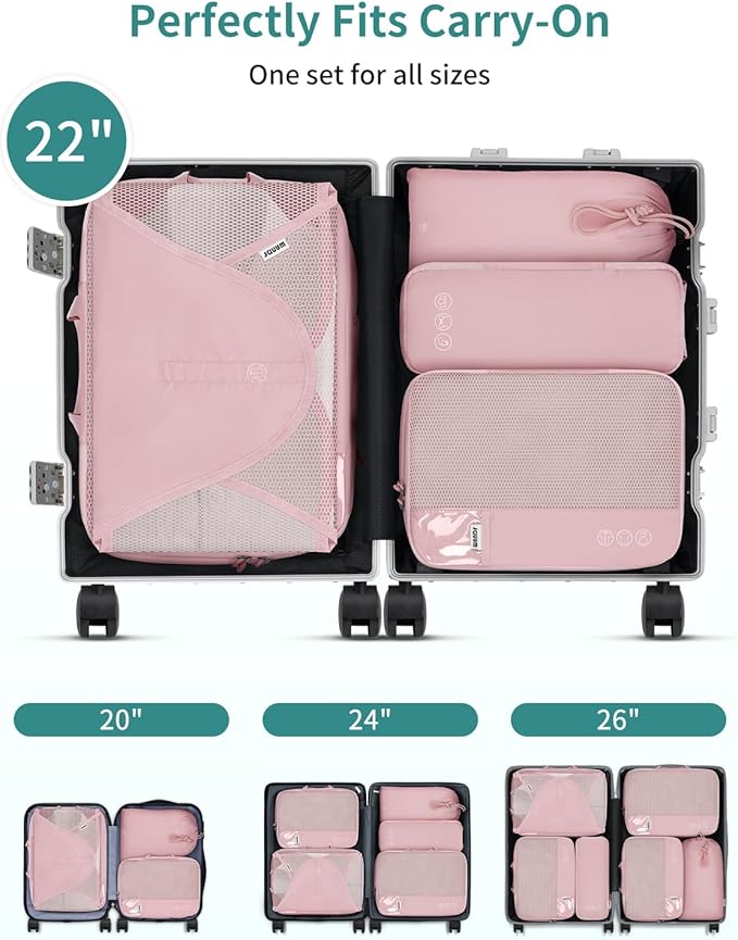 WANDF 7 Set Compression Packing Cubes for Travel, Shirt Folder for Wrinkle-Free, Suitcase Organizer Bags Set for Carry-On Checked Luggage Duffle Bag Women Men(Pink)