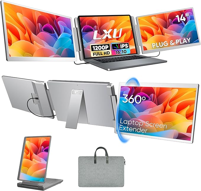 Laptop Screen Extender, FHD 1200P 16:10 IPS Portable Monitor for Laptops 12~16.2 inch, 14" Triple Screen Laptop Monitor Extender Display, Plug & Play with USB-C HDMI for Windows/MacBook/Switch/PS5