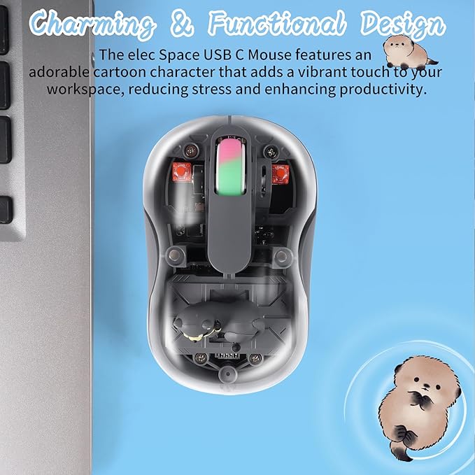 elec Space Cute Wireless USB C Mouse - Bluetooth Triple Mode Rechargeable Cartoon Mouse for Laptops, iPads & MacBook Air/Pro - Silent Operation, Portable Design, Unique Magnetic Character (Grey)