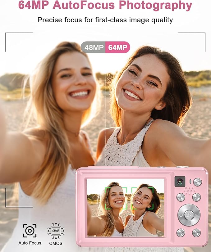 Digital Camera, 4K 64MP Cameras for Photography, Small Compact Point and Shoot Digital Camera with Auto Focus, Dual Camera, Flash, 16X Zoom, 32GB Card, Vlogging Camera for Teens,Boys, Girls
