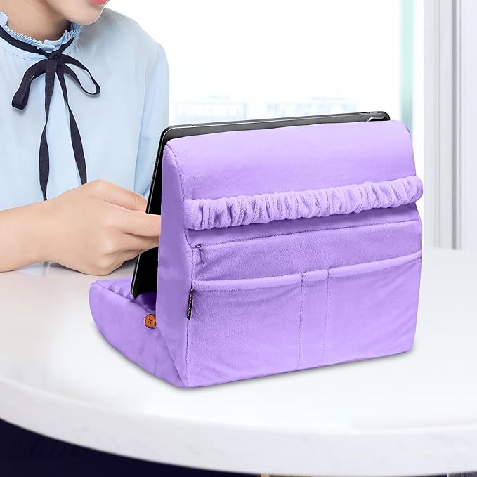 MOSISO Tablet Pillow Stand,Soft Tablet Holder for Lap,Tablet Soft Pad Dock with Pockets&Stylus Slot&4 Viewing Angles Compatible with iPad Pro 12.9,11,10.5,9.7,Air Mini 6,5,4,3, E-Reader, Purple