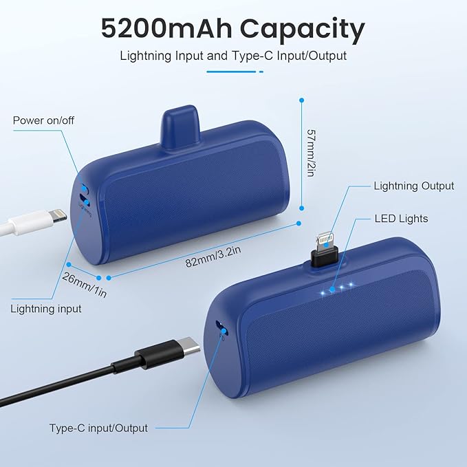[2 Pack]Mini Portable Charger for iPhone,5200mAh Ultra-Compact Fast Charging Power Bank Cordless Cute Small Battery Pack Compatible with iPhone 14/14 Pro Max/13/13 Pro/12/11/XR/8/7/6(Black+Blue)