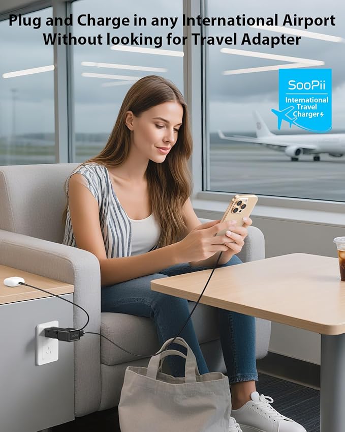 SooPii Gan USB C Charger 25W, 2 Port PD PPS QC Universal Travel Adapter, All-in-One Travel Charger with US UK EU AU Plug Adapter for Galaxy S25/S24/Note 20, iPhone 16/15/14, iPad, Pixel and More