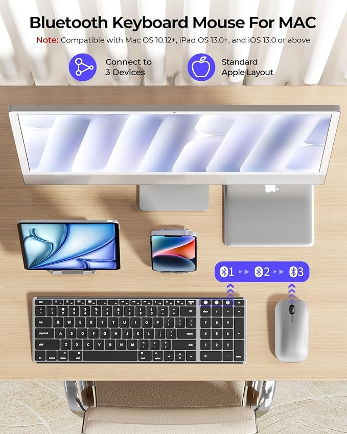 seenda Bluetooth Keyboard and Mouse for Mac, SKM64-2 Multi-Device Rechargeable Slim Wireless Keyboard Mouse Stainless Steel Full Size, Compatible with MacBook Pro/Air, iPad, Mac - Black Silver