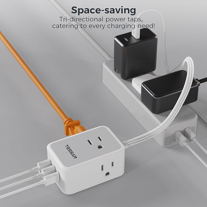 Short Power Strip 9 inch, TESSAN Flat Plug Small Extension Cord with 3 Outlet Extender 3 USB (1 USB-C) Ports, Desk Power Strip for Cruise Travel Office School Dorm Room Essentials
