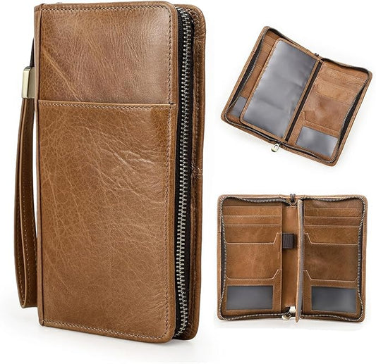 CONTACTS Travel Family Passport Holder for 4 Genuine Leather Passport Wallet RFID Blocking Passports Organizer 3 Layer Design Fit 4 Passports, 13 Credit Cards (Camel Brown)