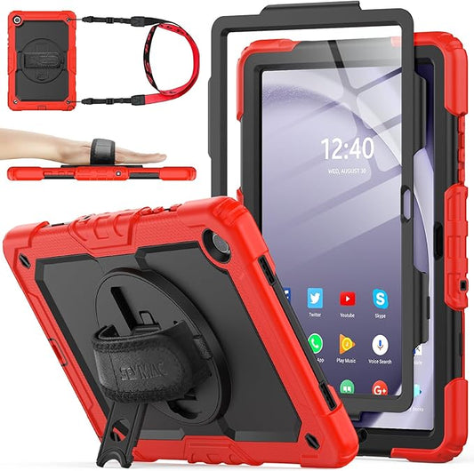 SEYMAC stock Case for Samsung Galaxy Tab A9+ Plus 11'', Full-Body Drop Protection Case with Screen Protector Pencil Holder [360° Rotating Hand Strap] &Stand, Red+Black
