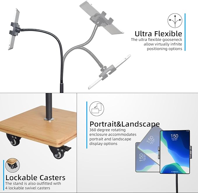 wishacc Tablet Floor Stand for Bed - Gooseneck Tablet Holder Mount with Adjustable Height and 4 Wheels, Compatible with iPad mini Air Pro 12.9/9.7, Galaxy Tab, Kindle, Cell Phones (4.7"-13")