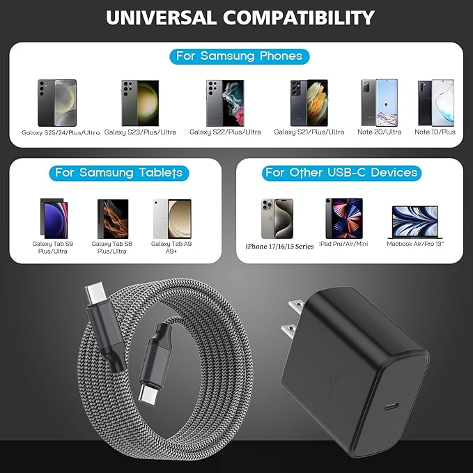 2Pack 45W Samsung Super Fast Charger Type C,10FT Type C Charging Cord with USB C Samsung Charger 10Foot USB C-C Cable for Sam sung Galaxy S25/S24+/Ultra/S22/S21/S20,iPhone17 Air/16/15 Pro,Pro Max,Plus