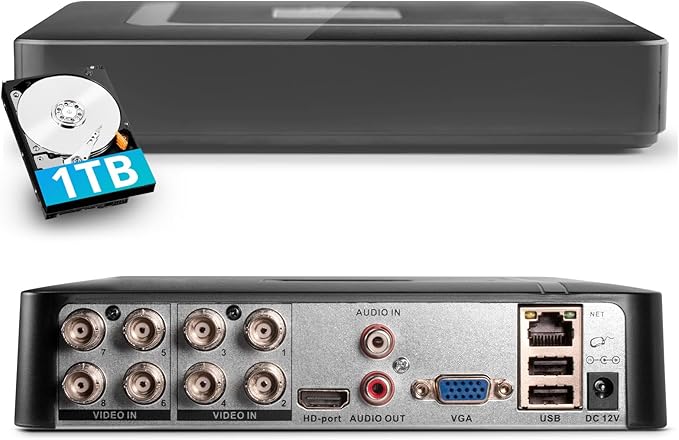 Fuers H.265+ 8CH Security DVR Recorder for Home Security Camera System,dvr 8 Channel for HD-CVBS/TVI/CVI/XVI/AHD/IP Analog Security Camera,24/7 Recording to Pre-Installed 1TB Hard Drive,Remote Access