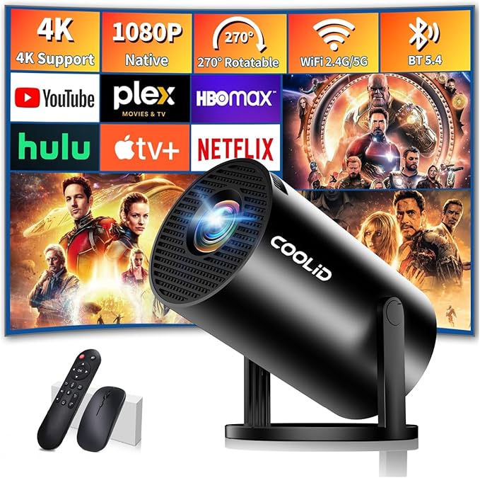 Mini Projector, Support 4K 1080P Portable Projector with Bidirectional WIFI6 5G and Bluetooth5.4, 270° Rotatable, Auto Keystone Correction, 35"-130" Video Projecto Compatible with HDMI/USB/Phone-Black