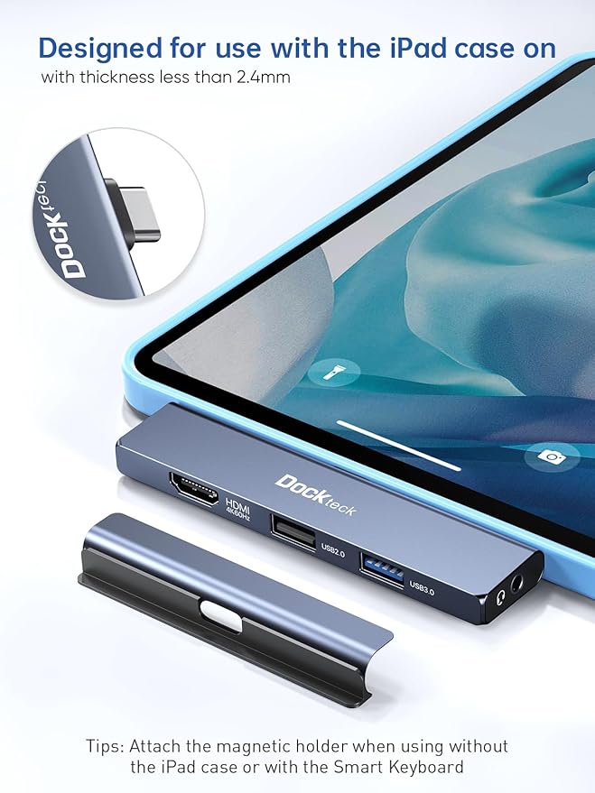 iPad Pro USB C Hub Multiport Adapter - Dockteck USBC Hub 5 in 1 with 100W PD, 4K 60Hz HDMI, Audio, USB 3.0, USB C Dock with Magnetic Grip for iPad Pro 12.9 2021 2020 2018, iPad Air, iPad mini 6