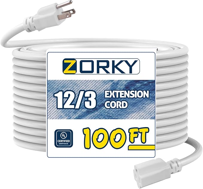 100ft Indoor Outdoor Extension Cord - 12/3 SJTW Heavy Duty Extension Cable with 3 Prong Grounded Plug for Safety -15Amp 1875W White Electric Cord Great for Garden, Appliances