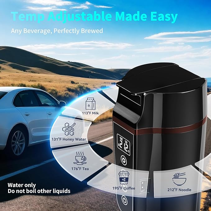 Car Electric Kettle for Travel : FVPE 12V/24V Small Electric Water Kettle, Multi-Temp Control 400 mL Portable Car Water Boiler for Brewing Coffee Tea,LCD Display 304 Stainless Steel Truck Heating Cup