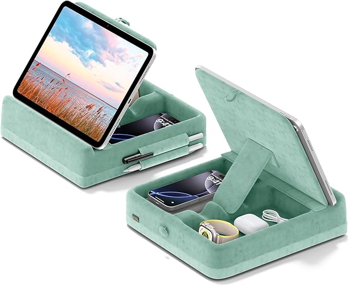 KDD Tablet Pillow Stand with Storage, Foldable iPad Holder for Bed, Lap and Desk, Angle Adjustable Soft Pad Dock with Stylus Mount Compatible with iPad Pro 12.9, 11, Air, Mini, Phones, Books (Green)