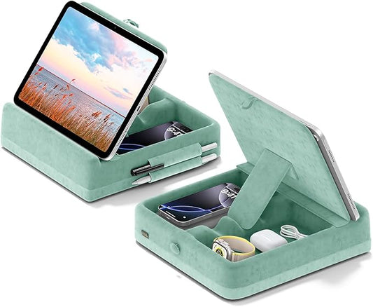 KDD Tablet Pillow Stand with Storage, Foldable iPad Holder for Bed, Lap and Desk, Angle Adjustable Soft Pad Dock with Stylus Mount Compatible with iPad Pro 12.9, 11, Air, Mini, Phones, Books (Green)