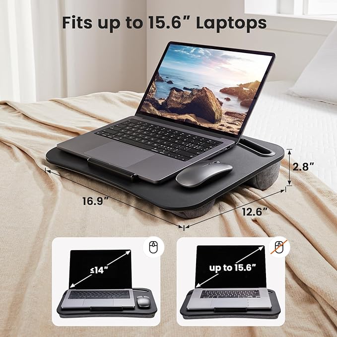 HUANUO Laptop Lap Desk, Fits up to 15.6-Inch Laptops and Tablets, Portable Lap Desk with Cushion, Phone Holder and Storage Bag, Black Lapdesk for Home Office or Dormitory