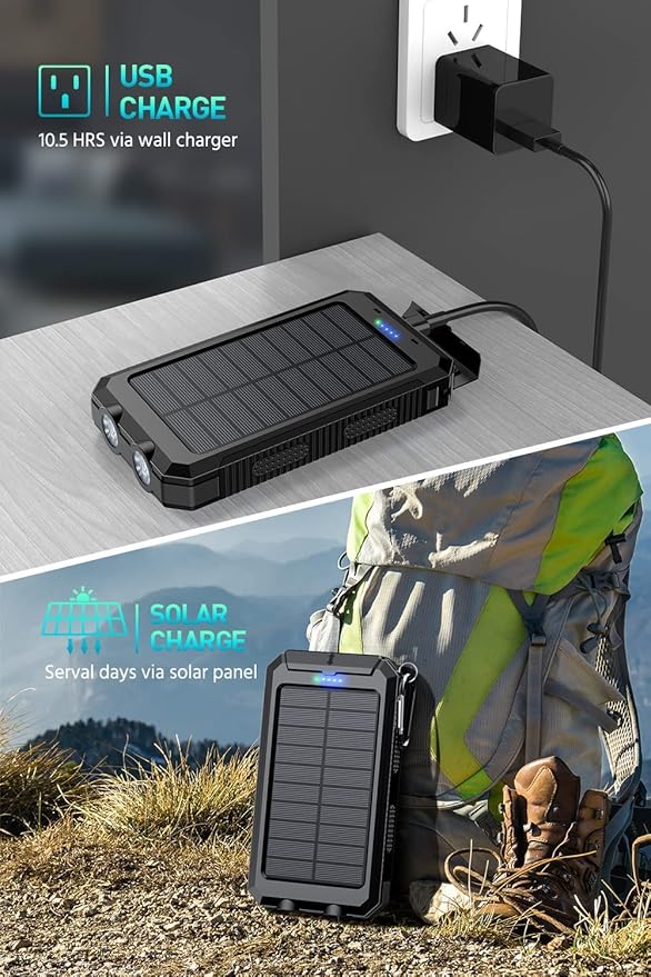 Power Bank,Solar Charger,36800mAh 5V3.1A QC 3.0 Dual 2 USB Port Built-in Powerful Flashlight IPX7(Black)