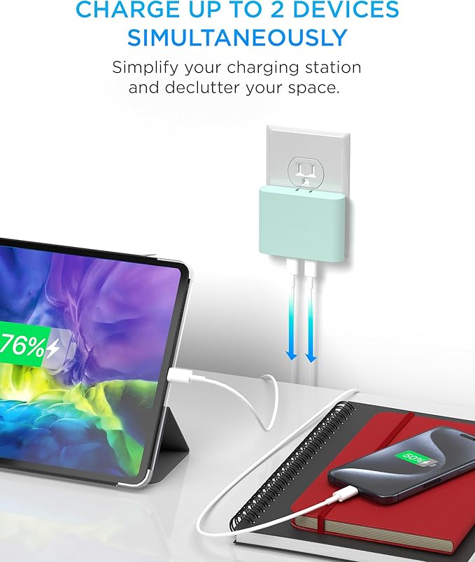 iHome Multiport 40W USB-C Charger, AC Pro 2-Port Flat Block, Dual Fast Charging Wall Adapter