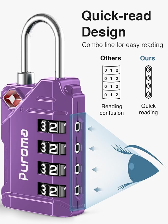 Puroma TSA Approved Luggage Locks, 2 Pack 4 Digit Resettable Travel Combination Code Lock with Zinc Alloy Body for Suitcase, Backpack, Laptop Bag, Gym Locker, Toolbox (Purple)