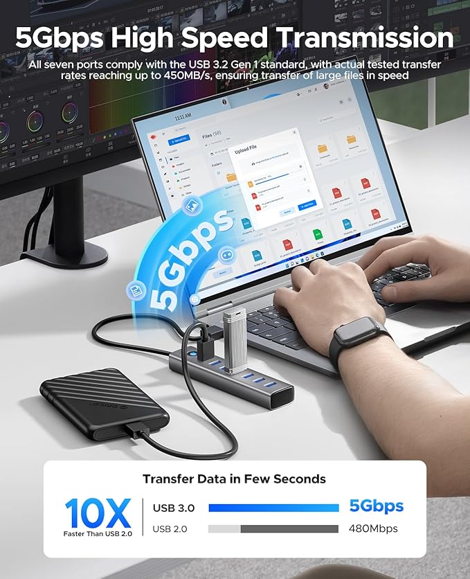 ORICO Aluminum 7-Port USB Hub with 1.64Ft Cable, Multiple USB 3.0 Hub, 5Gbps Data Transfer, 5V 3A Type-C Port, UBS-A Splitter for PC, Laptop, Desktop
