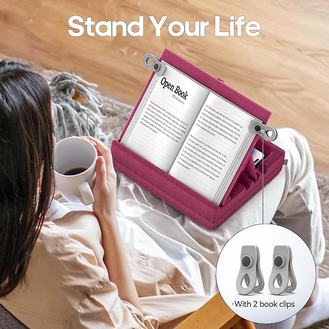 KDD Book Stand with Storage, Multi-Angle Viewing Reading Tablet Holder for Lap, Bed, Desk and Couch, Foldable I-pad Pillow Holder with Organizer Tray for Book,Tablet, Cell Phone, (4.7"-15") Purple